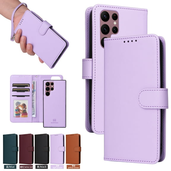 Compatible with Samsung Galaxy S24 Ultra Phone Case Detachable Wallet, Magnetic Flip Folio with Credit Card Holder & Cash Slot, Premium PU Leather, Wristlet, Kickstand Shockproof Cover, Purple