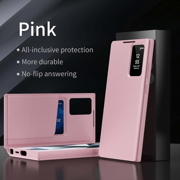 Compatible WIth Samsung Galaxy S24 Ultra Phone Case,Flip Cover,With Card Slots,With Intelligent Window,PU Leather Shockproof Anti-fall Thin Fit Phone Case for Samsung Galaxy S24 Ultra,Pink