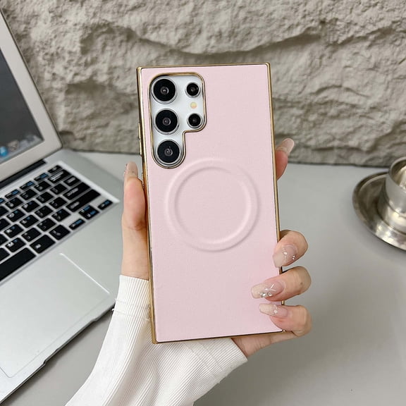 Compatible With Samsung Galaxy S24 Ultra Phone Case,Luxurious Electroplated Frame Design,Support for Mag-Safe,PU Leather Ultra Slim Shockproof Rugged Anti-fall Magnetic Hard PC Phone Case,Pink