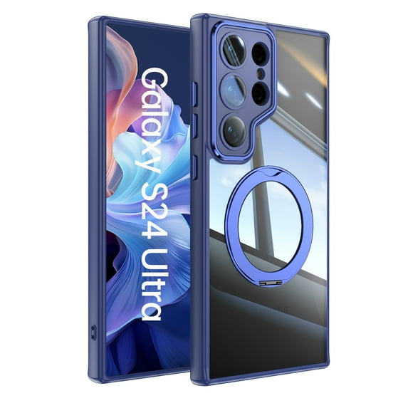 Compatible for Samsung Galaxy S24 Ultra Phone Case with Stand, Rotatable Ring Holder Kickstand Rugged Shockproof Protective Cover Case with Camera Lens Protector for Samsung Galaxy S24 Ultra, Blue