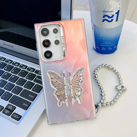 Compatible with Samsung Galaxy S24 Ultra Plating Frosted Case, with Colourful Laser Back and Butterfly Kickstand for Women Girls Cute Protective Phone Case Cover with Hand Chain Bracelet, C