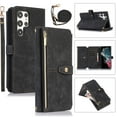thumbnail image 1 of Compatible with Samsung Galaxy S24 Ultra Rugged Case, Wristlet & Shoulder Strap Shockproof Protective Rugged Case for Girls PU Leather Card Slots Zipper Kickstand Cover for Galaxy S24 Ultra, Black, 1 of 9