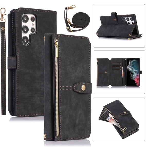 Compatible with Samsung Galaxy S24 Ultra Rugged Case, Wristlet & Shoulder Strap Shockproof Protective Rugged Case for Girls PU Leather Card Slots Zipper Kickstand Cover for Galaxy S24 Ultra, Black