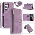thumbnail image 1 of Compatible with Samsung Galaxy S24 Ultra Rugged Case, Wristlet & Shoulder Strap Shockproof Protective Rugged Case for Girls PU Leather Card Slots Zipper Kickstand Cover for Galaxy S24 Ultra, Purple, 1 of 9
