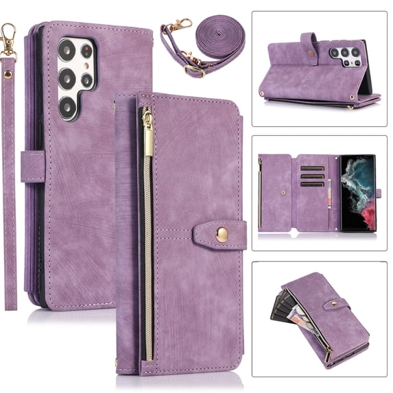 Compatible with Samsung Galaxy S24 Ultra Rugged Case, Wristlet & Shoulder Strap Shockproof Protective Rugged Case for Girls PU Leather Card Slots Zipper Kickstand Cover for Galaxy S24 Ultra, Purple