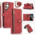 thumbnail image 1 of Compatible with Samsung Galaxy S24 Ultra Rugged Case, Wristlet & Shoulder Strap Shockproof Protective Rugged Case for Girls PU Leather Card Slots Zipper Kickstand Cover for Galaxy S24 Ultra, Red, 1 of 9