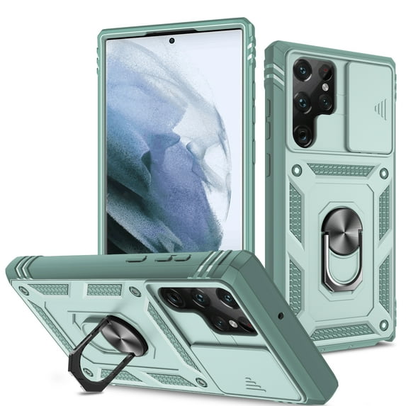 Compatible with Samsung Galaxy S24 Ultra with Sliding Cover Lens Protection & Kickstand, Built-in 360° Rotate Ring Stand Magnetic Card Slot Hybrid Cover Case for Samsung Galaxy S24 Ultra, Green+Mint