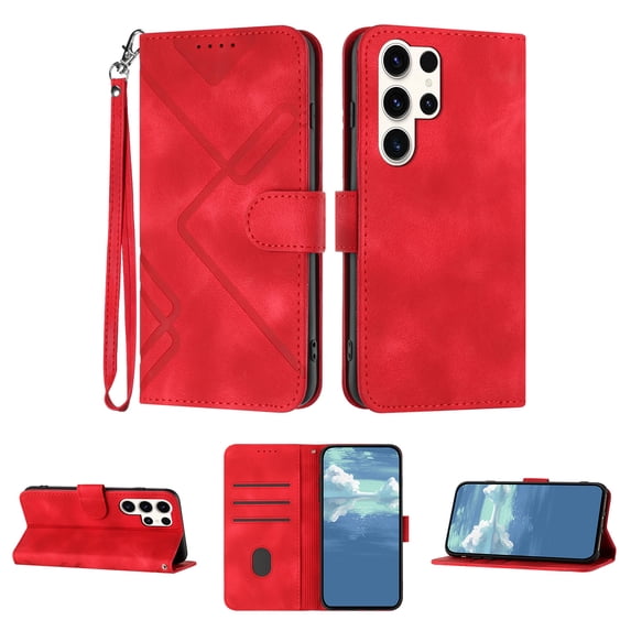 Compatible with Samsung Galaxy S24 Ultra Vintage Wallet Case, with Wrist Strap PU Leather Flip Card Slots Holder Kickstand Magnetic Closure Phone Case Cover for S24 Ultra for Women Men, Red