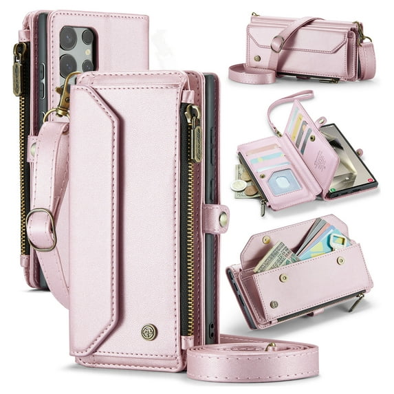 Compatible with Samsung Galaxy S24 Ultra Wallet Case, 10 Card Slots & 1 Zipper Coin Pocket & 1 Cash Slot & 1 Cash Pocket & Lanyard & Crossbody Strap & Kickstand & RFID Blocking Phone Case, Pink