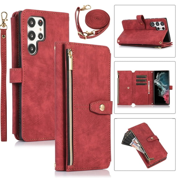 Compatible with Samsung Galaxy S24 Ultra Wallet Case, 2 in 1 Magnetic Wallet Case with Card Holder, Zipper, PU Leather Flip Cover Case with Detachable Long Shoulder Strap,Card Slots, Red
