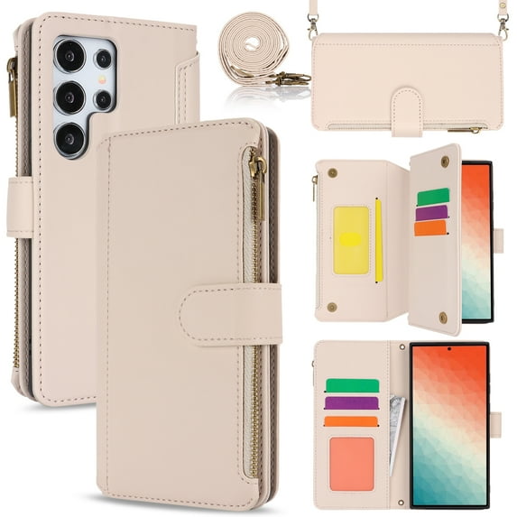 Compatible With Samsung Galaxy S24 Ultra Wallet Case with Card Holder Kickstand Double Magnetic Clasp Zipper Pocket Lanyard Strap Wristlet, Leather Flip Case Women Men Wallet Cover,White