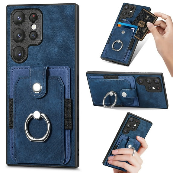 Compatible with Samsung Galaxy S24 Ultra Wallet Case with Card Holder, Premium PU Leather 360° Rotation Ring Holder Kickstand Shockproof Phone Case Cover for Samsung Galaxy S24 Ultra, Blue