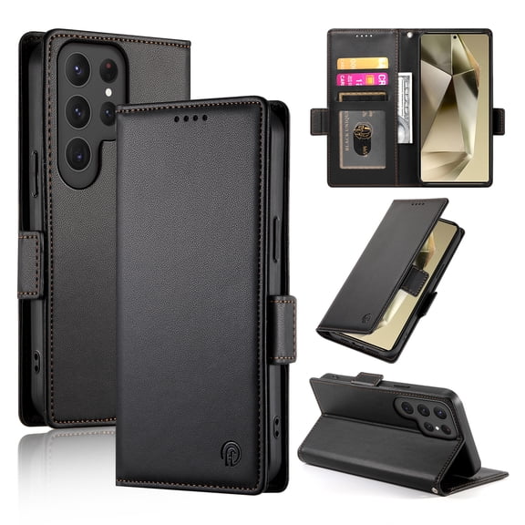 Compatible with Samsung Galaxy S24 Ultra Wallet Case, Classic PU Leather Flip Folio Case with Card Holders Kickstand [Shockproof TPU Inner Shell] Phone Cover for Samsung Galaxy S24 Ultra, Black