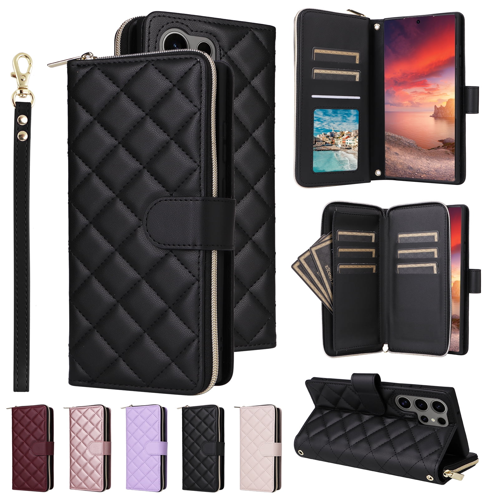Compatible for Samsung Galaxy S24 Ultra Wallet Case, Crossbody Strap PU Leather Folio Phone Cover, Zipper Handbag Purse with Card Holder Lanyard Flip Stand for Samsung Galaxy S24 Ultra, Black