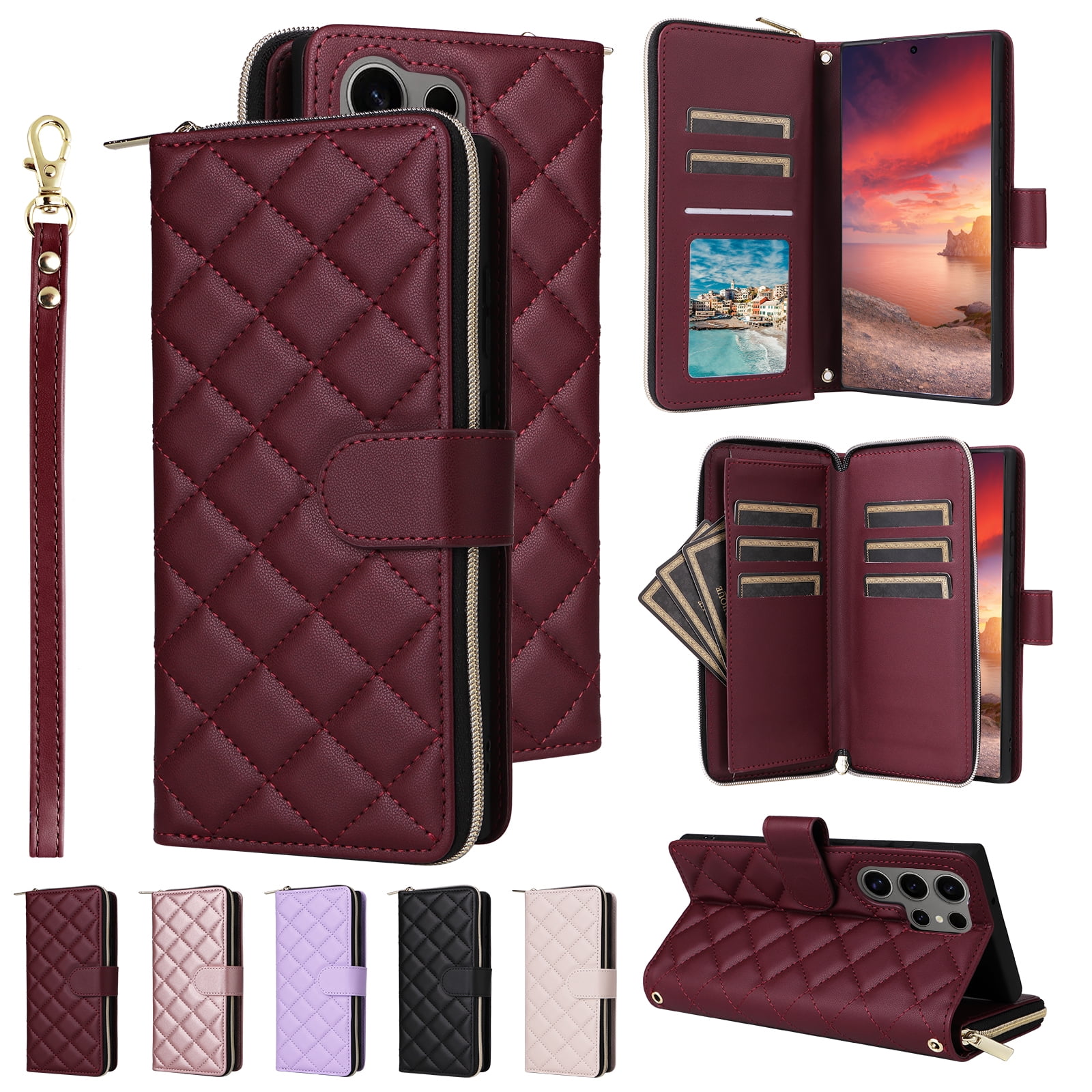 Compatible for Samsung Galaxy S24 Ultra Wallet Case, Crossbody Strap PU Leather Folio Phone Cover, Zipper Handbag Purse with Card Holder Lanyard Flip Stand for Samsung Galaxy S24 Ultra, Winered