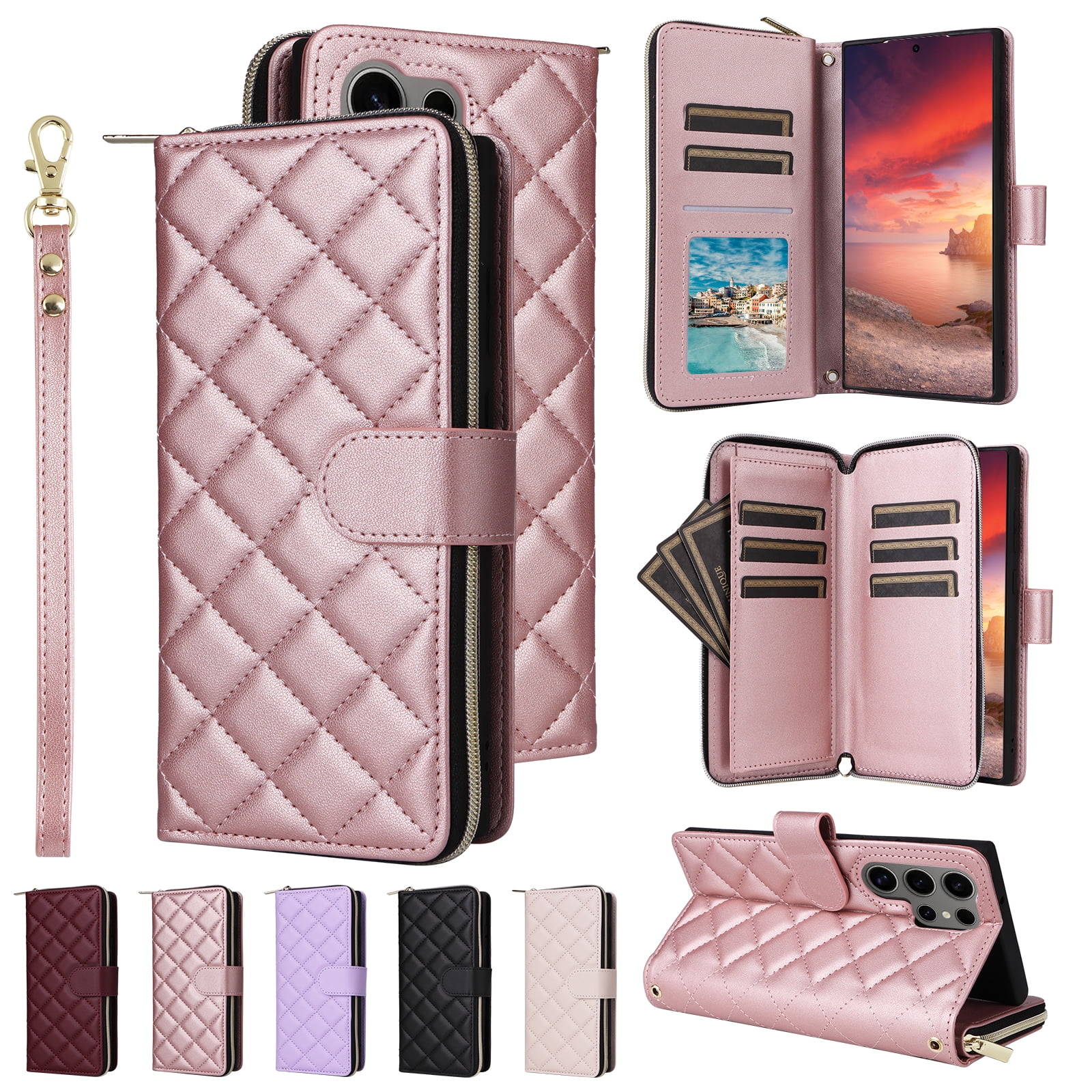 Compatible for Samsung Galaxy S24 Ultra Wallet Case, Crossbody Strap PU Leather Folio Phone Cover, Zipper Handbag Purse with Card Holder Lanyard Flip Stand for Samsung Galaxy S24 Ultra, Rosegold