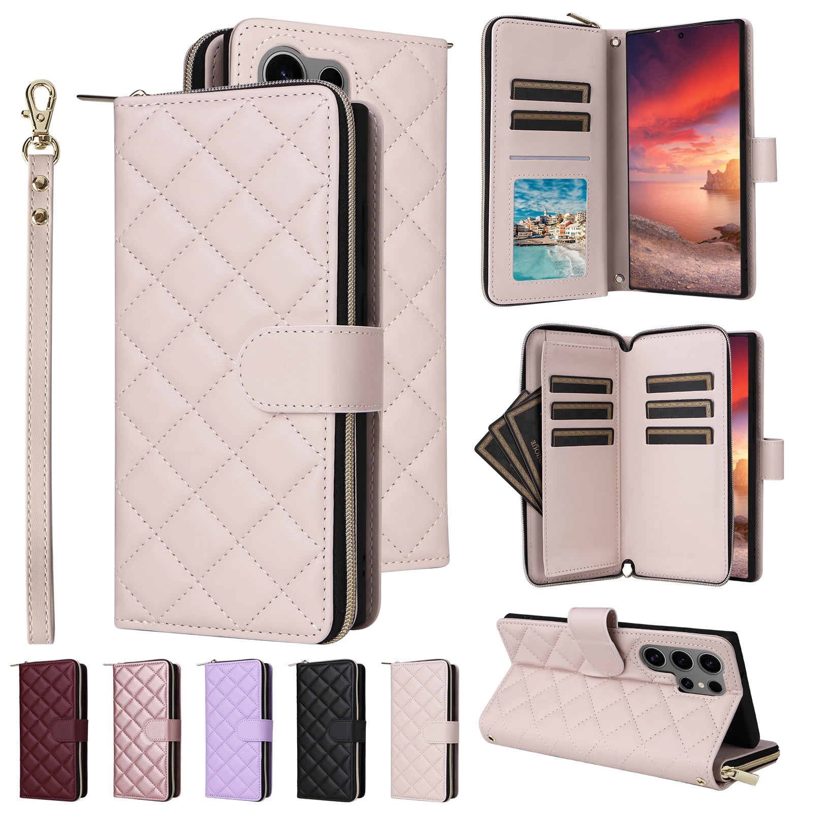 Compatible for Samsung Galaxy S24 Ultra Wallet Case, Crossbody Strap PU Leather Folio Phone Cover, Zipper Handbag Purse with Card Holder Lanyard Flip Stand for Samsung Galaxy S24 Ultra, Beige