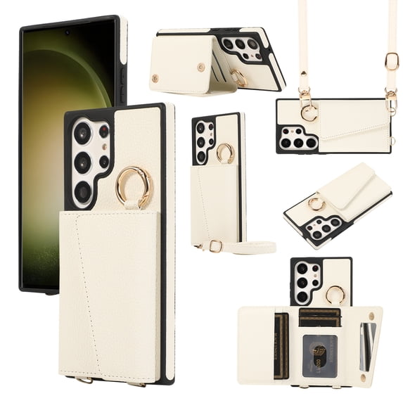 Compatible with Samsung Galaxy S24 Ultra Wallet Case, Crossbody Strap Stand PU Leather Card Slots Ring Holder Phone Cover Women Magnetic Buckle Make-up Mirror with Camera Lens Protection - White