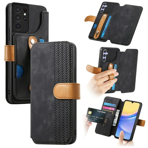 Compatible with Samsung Galaxy S24 Ultra Wallet Case with RFID Blocking Card Holder Fashion PU Leather Contractible Wrist Kickstand Shockproof Anti-fall Flip Phone Case Cover,Black
