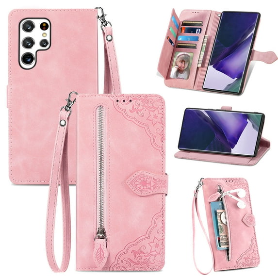Compatible for Samsung Galaxy S24 Ultra Wallet Case for Women Girls with Card Holder - Retro Embossed Flower Zipper Wallet PU Leather Flip Cover with Detachable Wrist Hand Strap, Pink