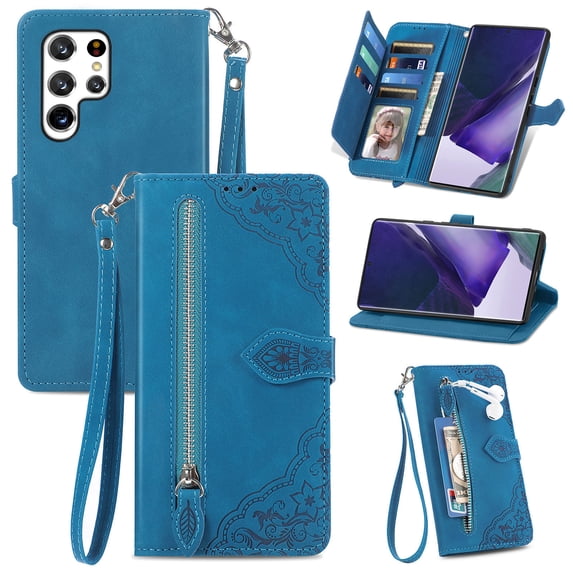 Compatible for Samsung Galaxy S24 Ultra Wallet Case for Women Girls with Card Holder - Retro Embossed Flower Zipper Wallet PU Leather Flip Cover with Detachable Wrist Hand Strap, Blue