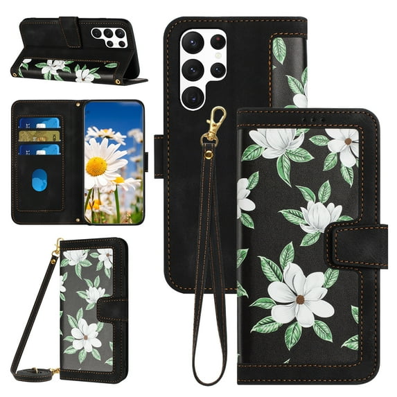 Compatible with Samsung Galaxy S24 Ultra Wallet Case for Women, Shoulder Strap + Wristband Premium PU Leather Floral Flip Cover with Card Holder Kickstand Feature Protective Purse Case, Black