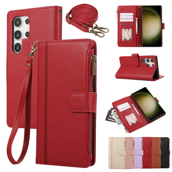 Compatible with Samsung Galaxy S24 Ultra Wallet Case and Wrist Strap Protector PU Leather Flip Credit Card Holder Purse Stand Cell Accessories Shockproof Phone Cover for Women Men,Red