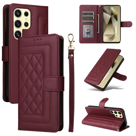 Compatible with Samsung Galaxy S24 Ultra Wallet Flip Case, Durable Soft TPU + PU Leather 3 Card Slots and 1 Cash Pocket Wrist Strap Magnetic Kickstand Elegant Case for Galaxy S24 Ultra, Winered