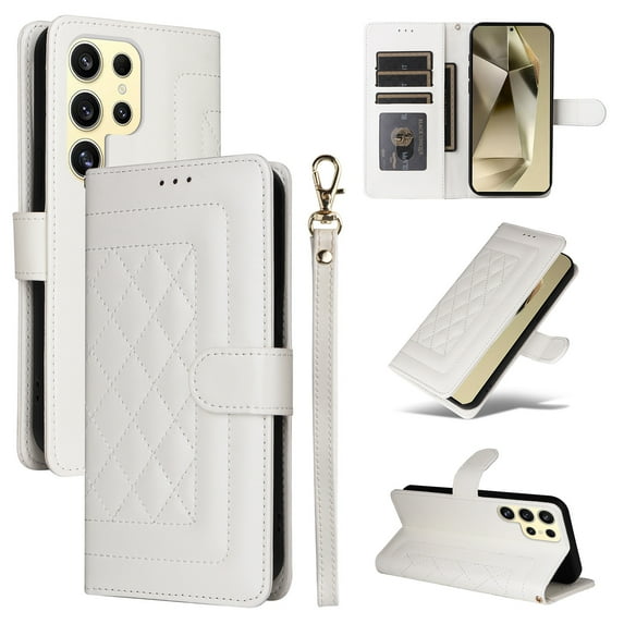 Compatible with Samsung Galaxy S24 Ultra Wallet Flip Case, Durable Soft TPU + PU Leather 3 Card Slots and 1 Cash Pocket Wrist Strap Magnetic Kickstand Elegant Case for Galaxy S24 Ultra, White