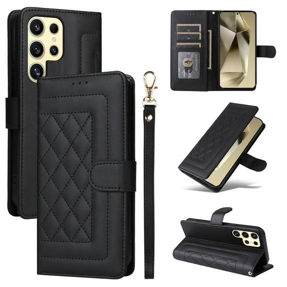 Compatible with Samsung Galaxy S24 Ultra Wallet Flip Case, Durable Soft TPU + PU Leather 3 Card Slots and 1 Cash Pocket Wrist Strap Magnetic Kickstand Elegant Case for Galaxy S24 Ultra, Black