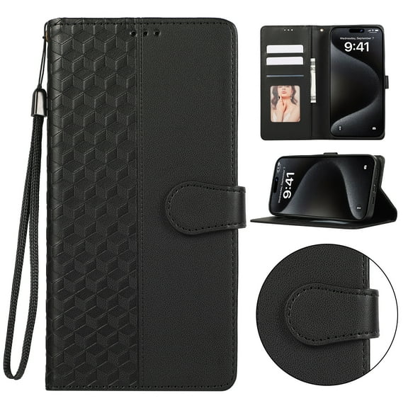 Compatible with Samsung Galaxy S24 Ultra Wallet case Kickstand with RFID Blocking Credit Card Slots,Magnetic Clasp Flip Book with Wrist Strap PU Leather Soft Inner Shockproof Cover Women Men,Black