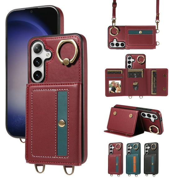 Compatible with Samsung Galaxy S24 Wallet Card Holder Leather PU Cover Folio Lanyard Crossbody Strap Women Girl Magnetic Clasp Kickstand Ring Holder Shockproof Protective Case,Red