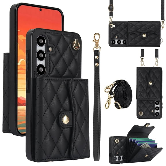 Compatible with Samsung Galaxy S24 Wallet Case with Crossbody Strap and Wrist Strap, RFID Blocking Stand PU Leather Credit Card Holder Cell Accessories Phone Cover Magnetic Buckle - Black
