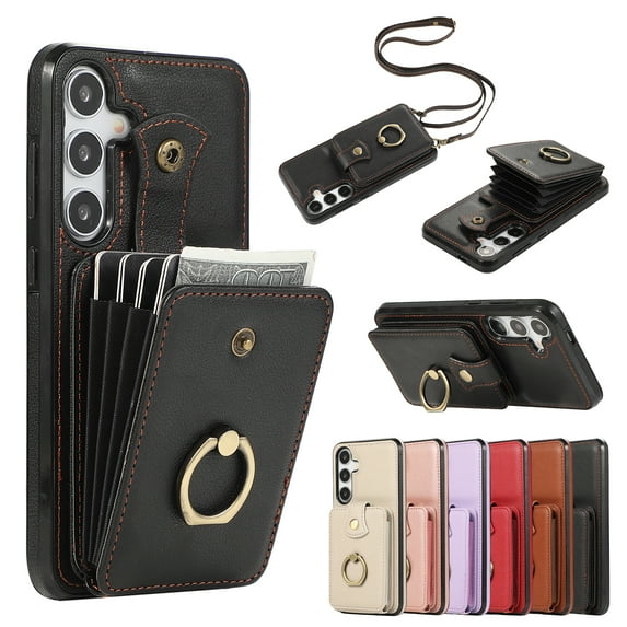 Compatible with Samsung Galaxy S24 Wallet Case, PU Leather Case with Card Holder, 360° Rotation Ring Kickstand, Shoulder Strap, Magnetic Snap Protective Case Designed for S24, Black