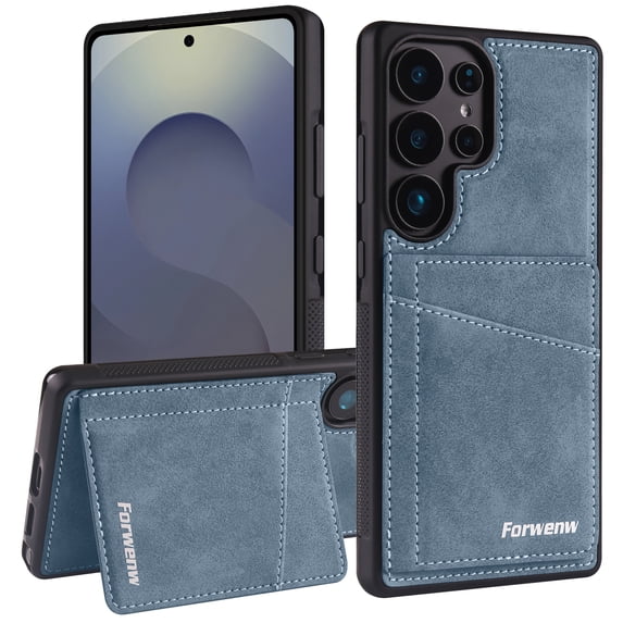 Compatible with Samsung Galaxy S24 Wallet Case, PU Leather Kickstand Card Slots Case, Classic Business Durable Shockproof Protective Phone Cover for Galaxy S24, RFID Blocking, Blue
