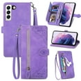 thumbnail image 1 of Compatible for Samsung Galaxy S24 Wallet Case for Women Girls with Card Holder - Retro Embossed Flower Zipper Wallet PU Leather Flip Cover with Detachable Wrist Hand Strap for Galaxy S24, Purple, 1 of 9