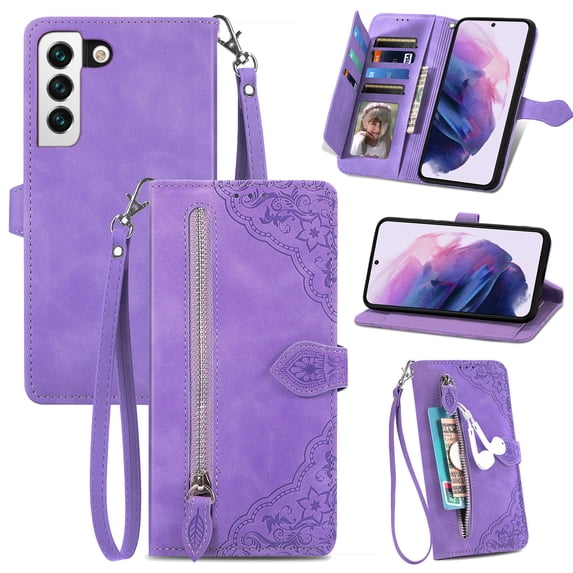 Compatible for Samsung Galaxy S24 Wallet Case for Women Girls with Card Holder - Retro Embossed Flower Zipper Wallet PU Leather Flip Cover with Detachable Wrist Hand Strap for Galaxy S24, Purple