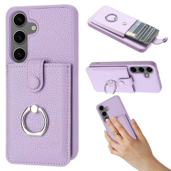 Compatible with Samsung Galaxy S24 Wallet Phone Case,360°Rotation Finger Ring Holder Kickstand,with Card Holder,Lychee Pattern PU Leather Durable Shockproof Rugged Phone Case,Purple