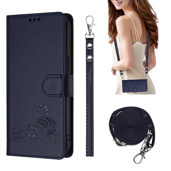 Compatible with Samsung Galaxy S24 Wrist Strap, Crossbody Strap, Lovely Cat Embossed PU Leather Flip Card Holder Stand Phone Cover for S24 Case Women Girls with RFID Blocking - Blue