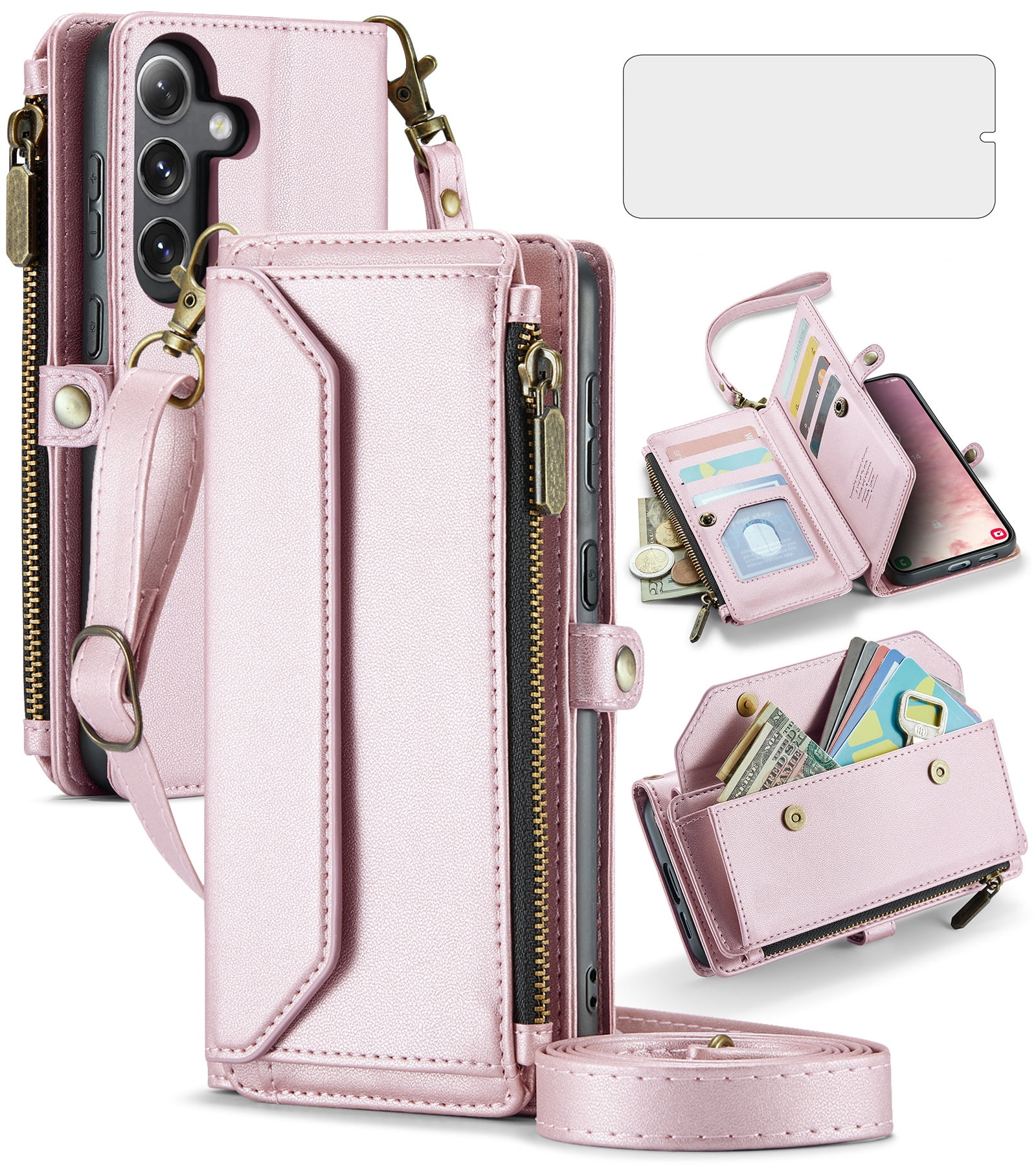 Compatible with Samsung Galaxy S25 5G Zipper Wallet Phone Case Tempered Glass Screen Protector Crossbody Lanyard Strap Flip Card Holder Slot Cell Cover for S 25 25S 25 25S SM-S931U Women Rose Gold