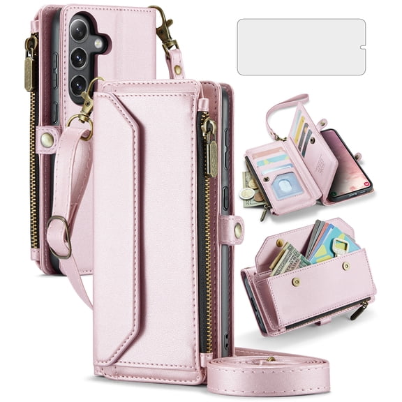 Compatible with Samsung Galaxy S25 5G Zipper Wallet Phone Case Tempered Glass Screen Protector Crossbody Lanyard Strap Flip Card Holder Slot Cell Cover for S 25 25S 25 25S SM-S931U Women Rose Gold