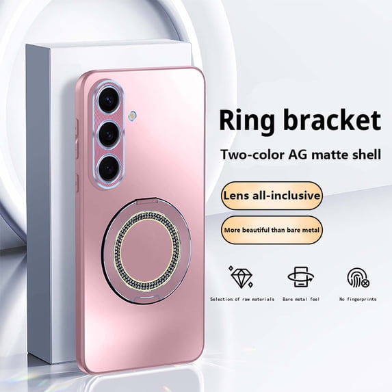 Compatible with Samsung Galaxy S25+ Case with Sparkling Diamond Ring Kickstand | Frosted Back Shell | Ultra Slim | Anti-Scratch Shockproof Anti-fall Protective Phone Case Cover,Pink