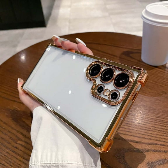 Compatible with Samsung Galaxy S25 Clear Phone Case,With Camera Lens Protector,Shockproof Anti-fall Electroplated Soft TPU Ultra Slim Thin Fit Transparent Phone Case Cover,Gold