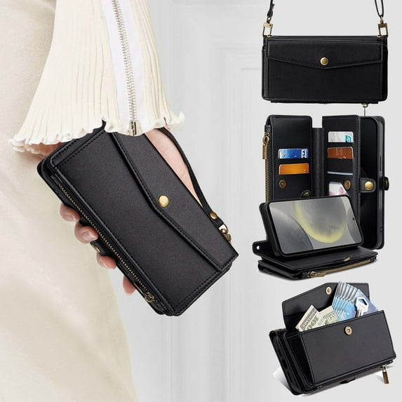 Compatible with Samsung Galaxy S25 Crossbody Wallet Case,Flip Folding Kickstand,With Card Slots,Long Strap&Short Strap,Zipper Pocket,Shockproof Heavy Duty PU Leather Phone Case,Black