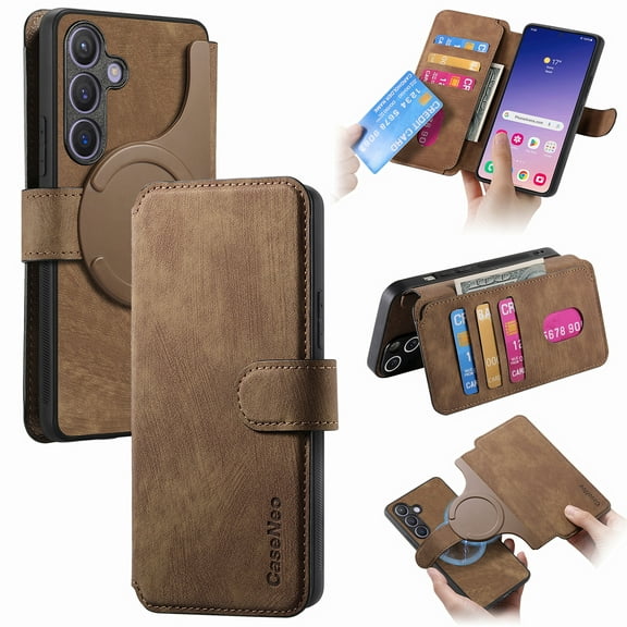 Compatible With Samsung Galaxy S25 Detachable Magnetic Wallet Phone Case,Flip Folding Kickstand,With Card Slots,Cash Pocket,PU Leather Shockproof Anti-fall Rugged Case Cover,Brown