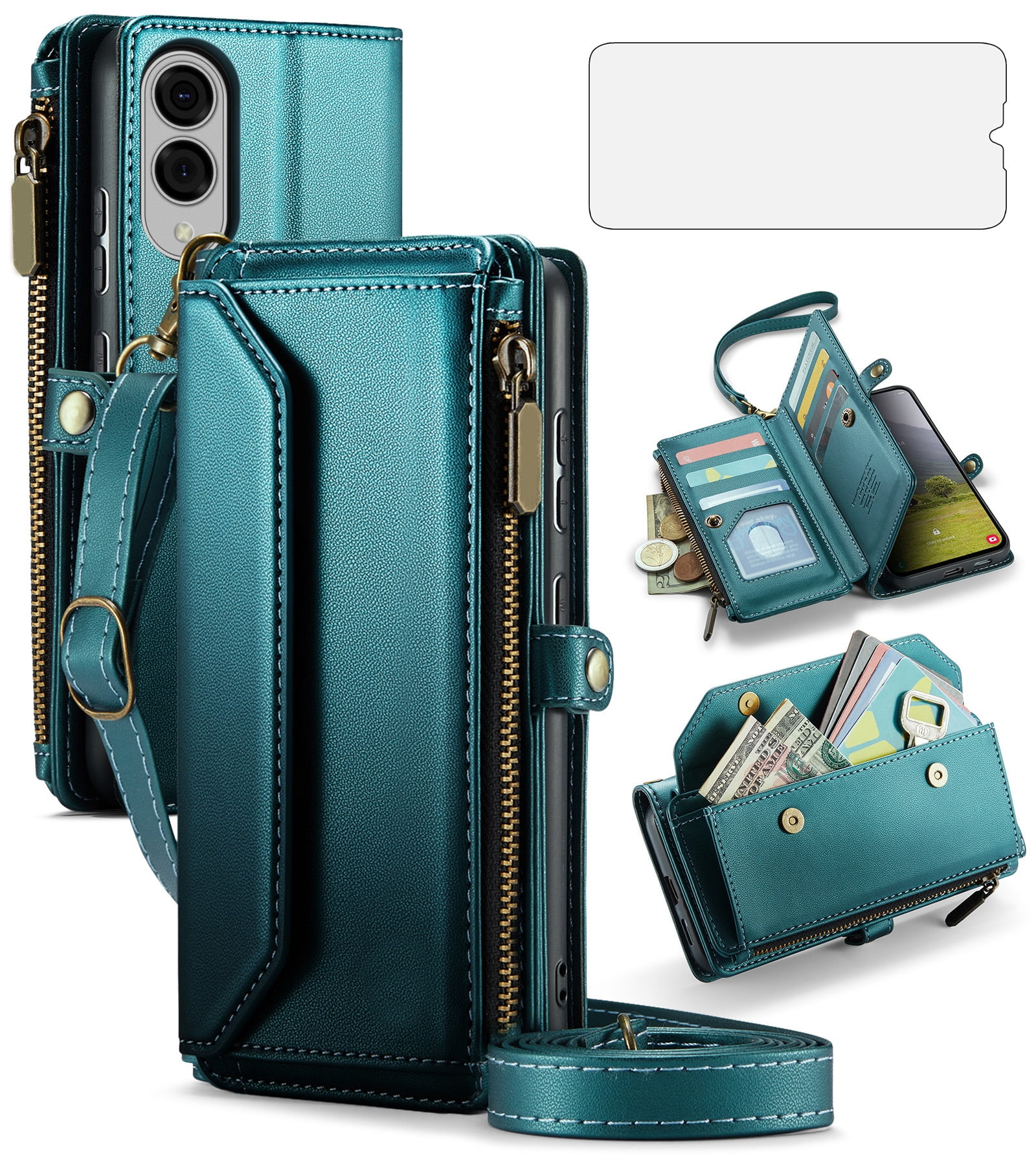 Compatible with Samsung Galaxy S25 Edge 5G Zipper Wallet Phone Case Tempered Glass Screen Protector Crossbody Lanyard Strap Flip Card Holder Slot Cell Cover for S25Edge 25S S 25 25Edge Women Green