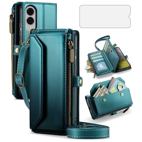 Compatible with Samsung Galaxy S25 Edge 5G Zipper Wallet Phone Case Tempered Glass Screen Protector Crossbody Lanyard Strap Flip Card Holder Slot Cell Cover for S25Edge 25S S 25 25Edge Women Green