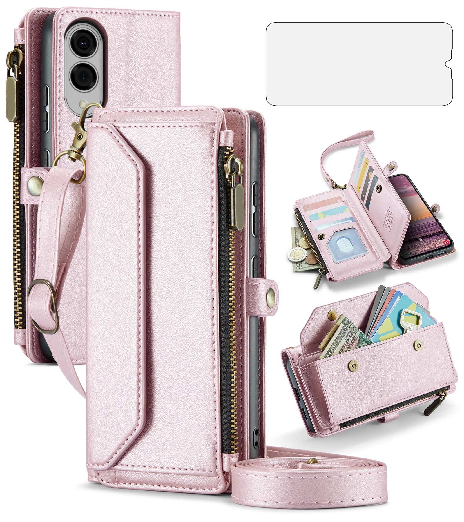 Compatible with Samsung Galaxy S25 Edge 5G Zipper Wallet Phone Case Tempered Glass Screen Protector Crossbody Lanyard Strap Flip Card Holder Slot Cell Cover for S25Edge 25S S25 25Edge Women Rose Gold