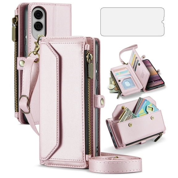 Compatible with Samsung Galaxy S25 Edge 5G Zipper Wallet Phone Case Tempered Glass Screen Protector Crossbody Lanyard Strap Flip Card Holder Slot Cell Cover for S25Edge 25S S25 25Edge Women Rose Gold