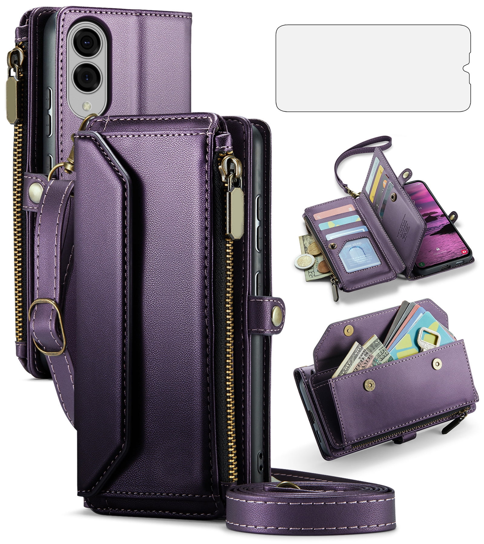 Compatible with Samsung Galaxy S25 Edge 5G Zipper Wallet Phone Case Tempered Glass Screen Protector Crossbody Lanyard Strap Flip Card Holder Slot Cell Cover for S25Edge 25S S 25 25Edge Women Purple